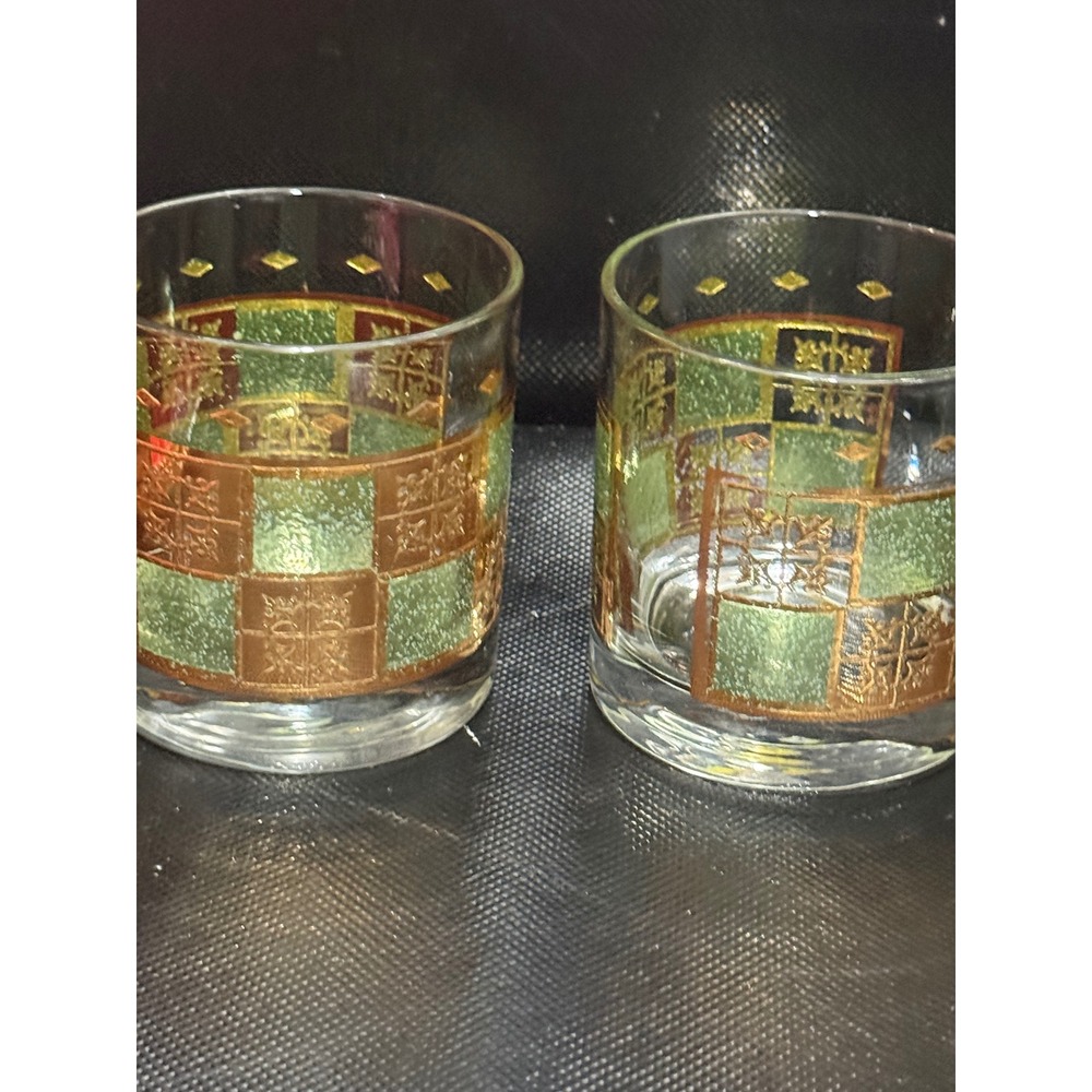 Vintage Mid-Century Modern Gold Green Checkerboard Lowball‎ Rocks Glasses Set  2